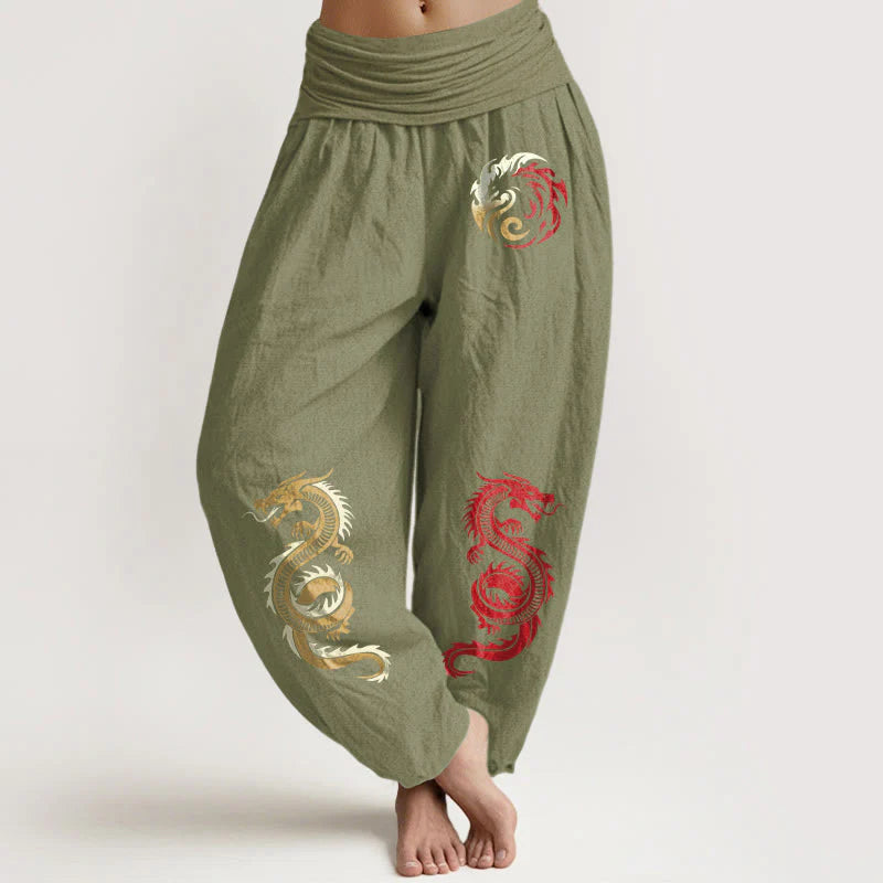 Buddha Stones Pure Cotton Dragon Pattern Women's Elastic Waist Harem Pants