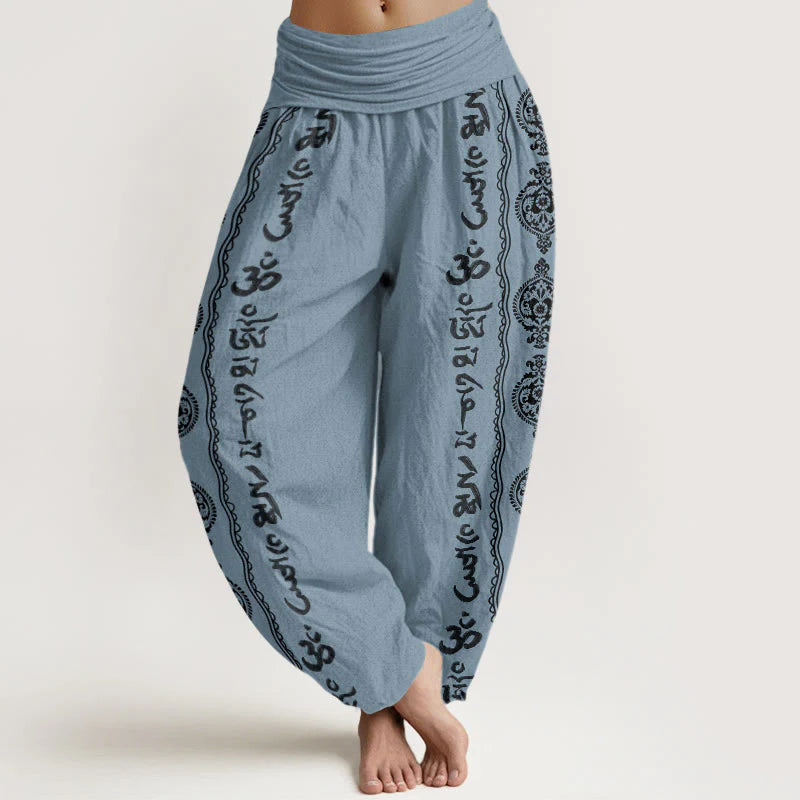 Buddha Stones Cotton Mandala Om Mani Padme Hum Women's Elastic Waist Harem Pants