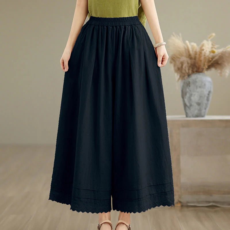 Buddha Stones Commute Simple Lace Design 7-8 Length Women's Wide Leg Cotton Linen Pants With Pockets