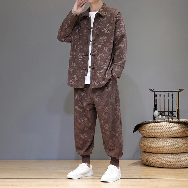Buddha Stones 2Pcs Winter Thick Bamboo Men's Tang Suit Frog-Button Cotton Corduroy Long Sleeve Jacket Pants Set With Pockets