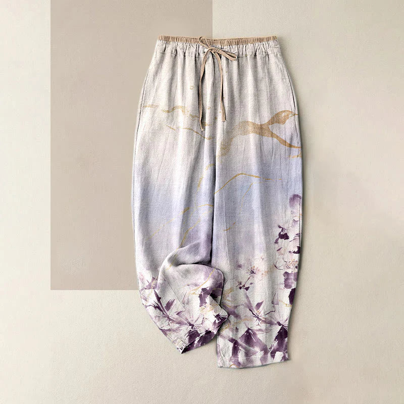 Buddha Stones Pure Cotton Ink Flower Golden Lines Pattern Women's Elastic Waist Pants With Pockets