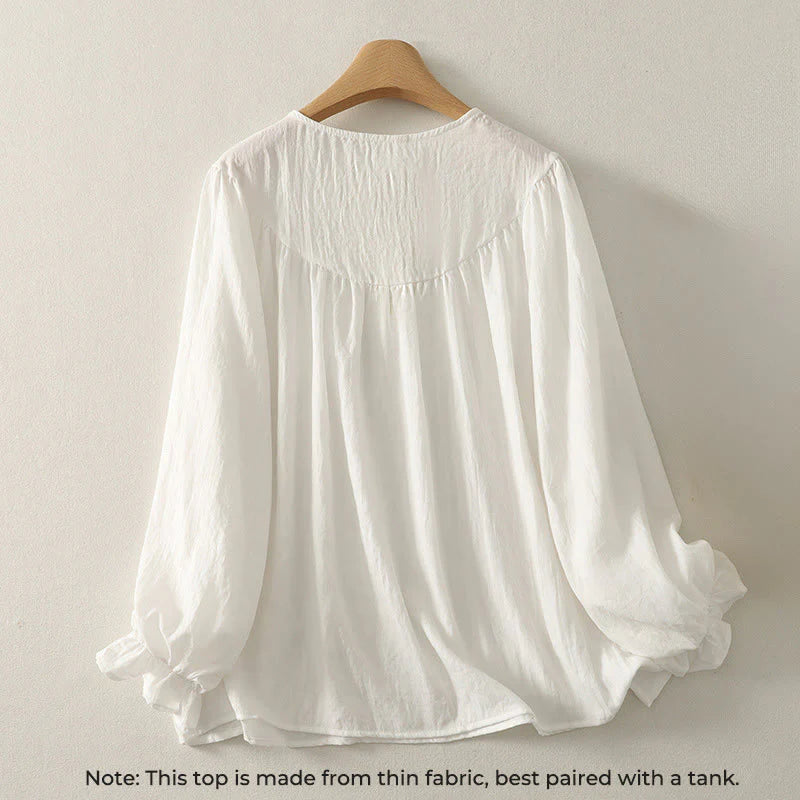Buddha Stones White Buttons Ruffled Long Sleeve Women's Cotton Shirt