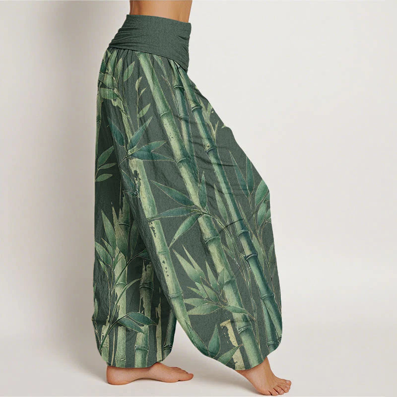 Buddha Stones Cotton Casual Bamboo Leaves Pattern Women's Elastic Waist Harem Pants