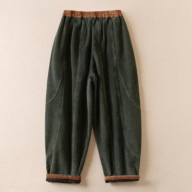 Buddha Stones Color Contrast Corduroy Cotton Women's Thermal Fleece-Lined Harem Pants With Pockets