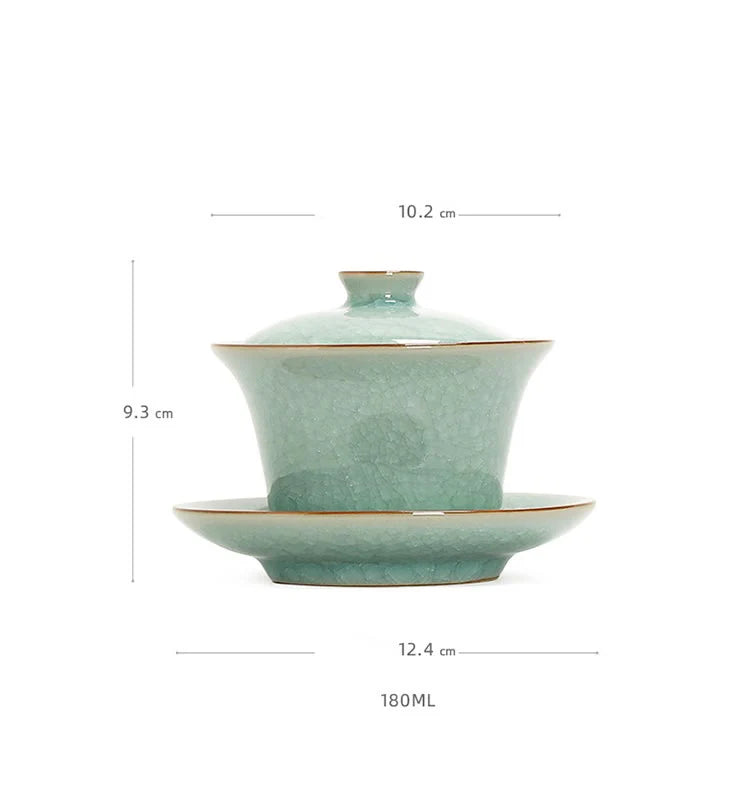 Buddha Stones Retro Green Ice Glaze Ceramic Gaiwan Sancai Teacup Kung Fu Tea Cup And Saucer With Lid