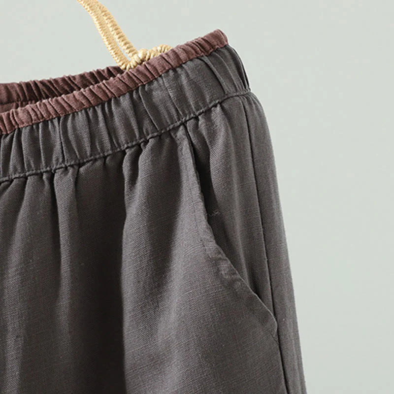 Buddha Stones Winter Contrasting Drawstring Cotton Linen Women's Wide Leg Pants With Pockets