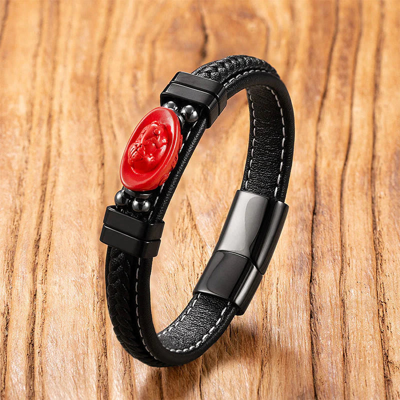 Buddha Stones Cinnabar Buddha Symbol Koi Fish Dragon Fu Character Pi Xiu Design Leather Blessing Bracelet
