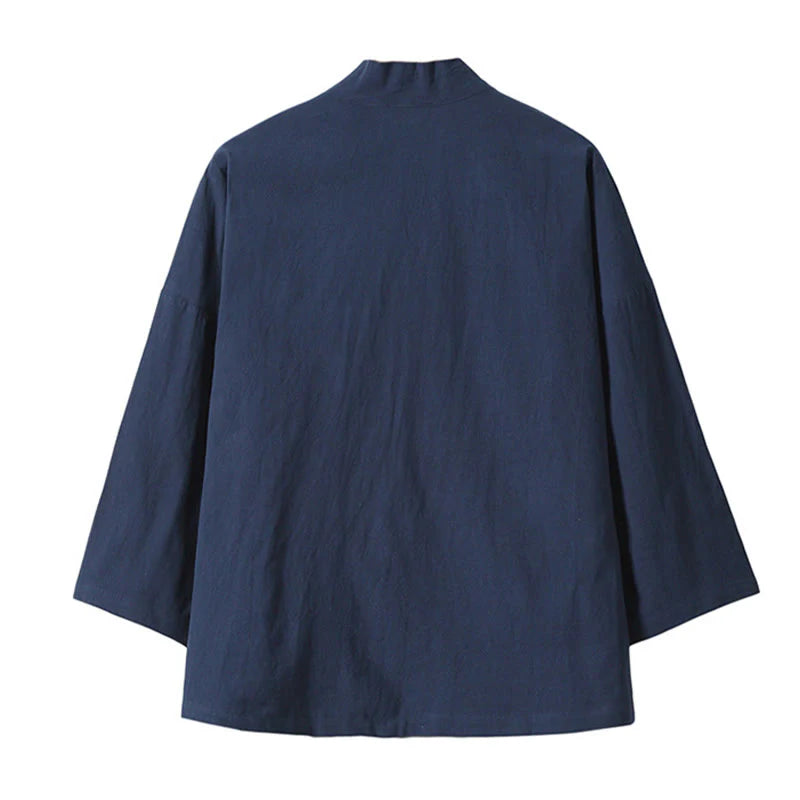Buddha Stones Embroidery Flying White Cranes Cotton Linen Open Front Jacket Men's Kimono
