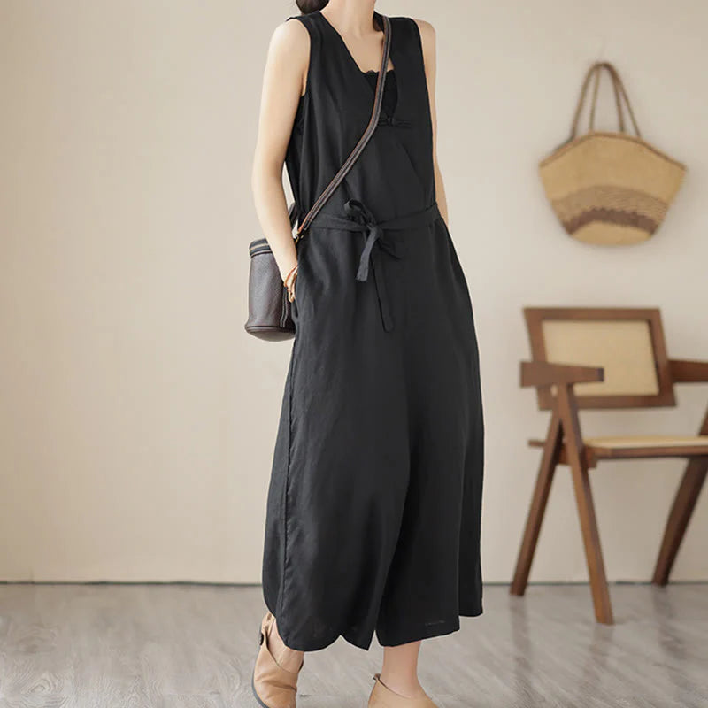 Buddha Stones Casual Lace-Up Simple Sleeveless Design Women's Cotton Linen Jumpsuit With Pockets