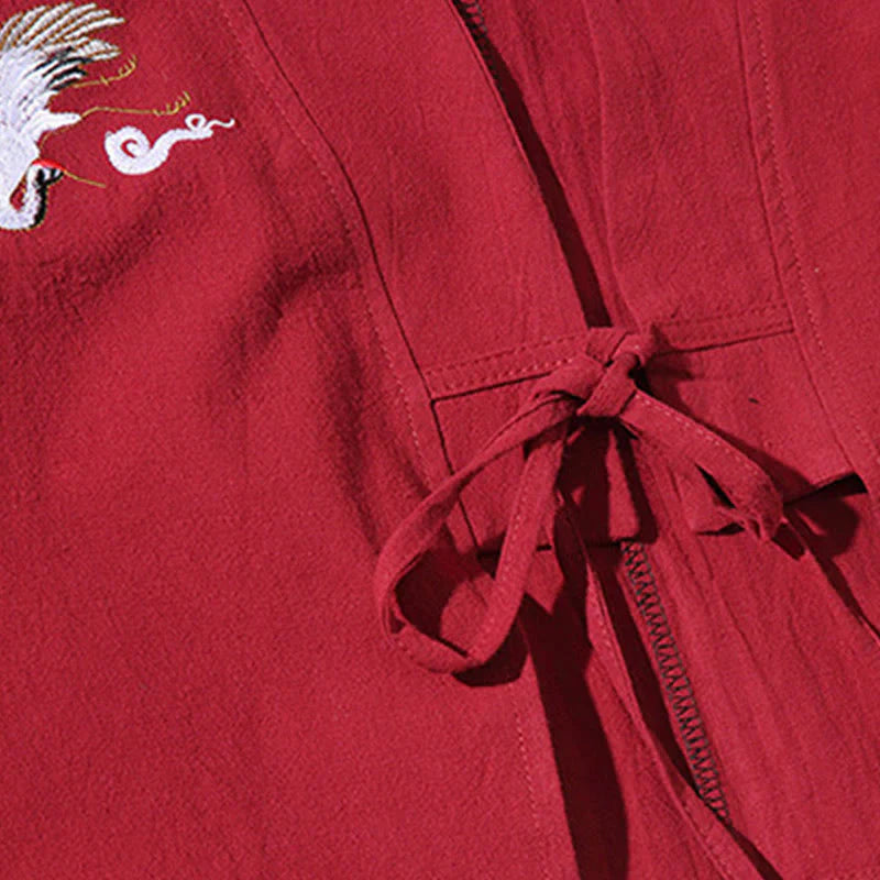 Buddha Stones White Crane Auspicious Clouds Embroidery Three Quarter Sleeve Men's Kimono