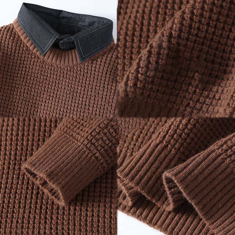 Buddha Stones Winter Black Stand Collar Waffle Pattern Warm Men's Long Sleeve Knitted Sweater