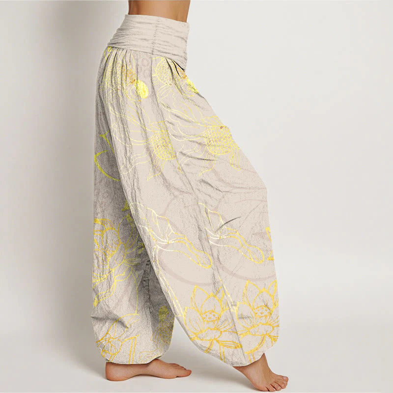 Buddha Stones Cotton Lotus Leaf Koi Fish Women's Elastic Waist Harem Pants