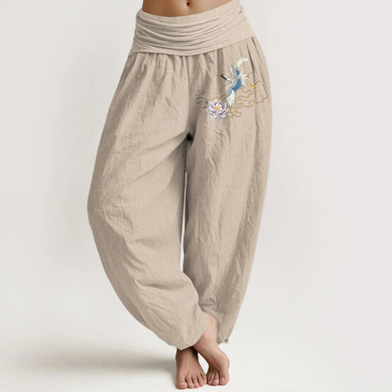 Buddha Stones Cranes Lotus Pattern Pure Cotton Women's Elastic Waist Harem Pants