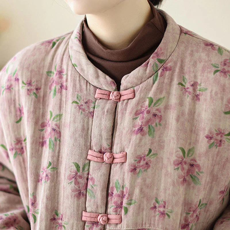 Buddha Stones Women's Long Sleeve Thermal Cotton Printed Florwer Pattern Jacket With Pockets