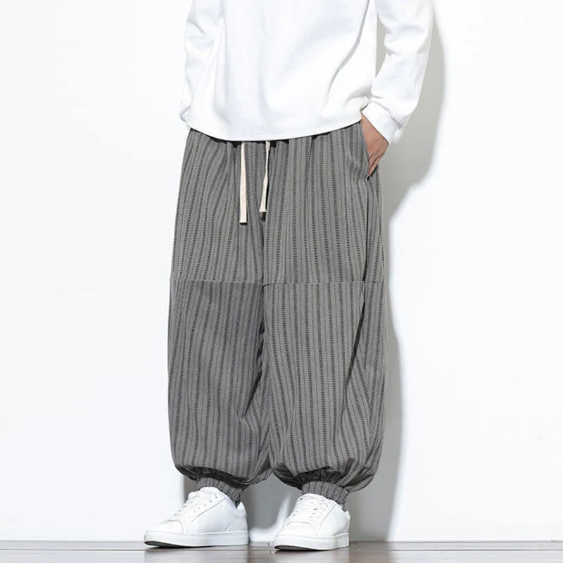 Buddha Stones Fall Striped Pattern Drawstring Men's Harem Corduroy Pants With Pockets