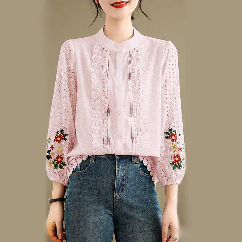 Buddha Stones Fall Lace Embroidery Flower Leaf Pattern Stand Collar Buttons Women's Long Sleeve Shirt