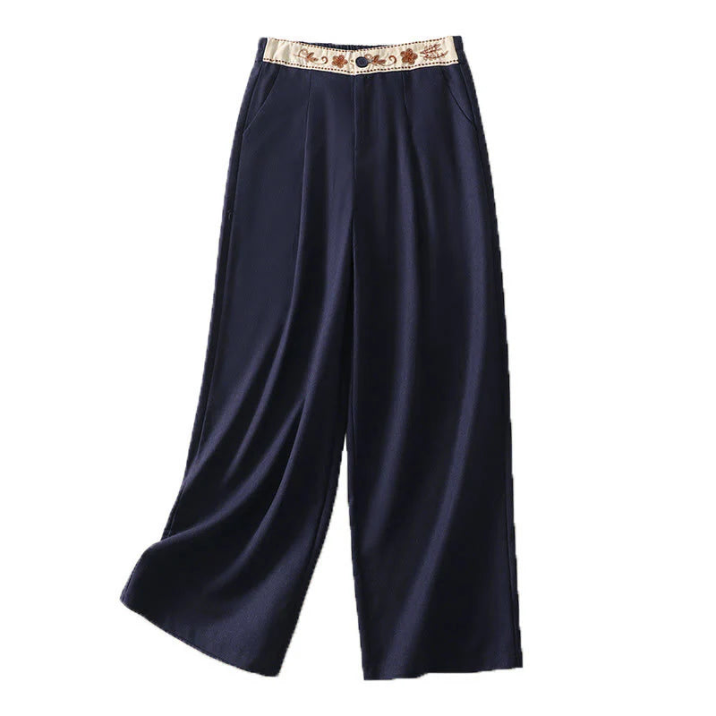 Buddha Stones Women's Embroidery Elastic Waistband Zipper Design Cotton Wide Leg Pants With Pockets