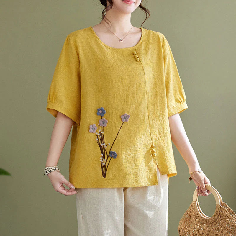 Buddha Stones Three-dimensional Flowers Design Crew Neck Short Sleeve Cotton Women's Shirt