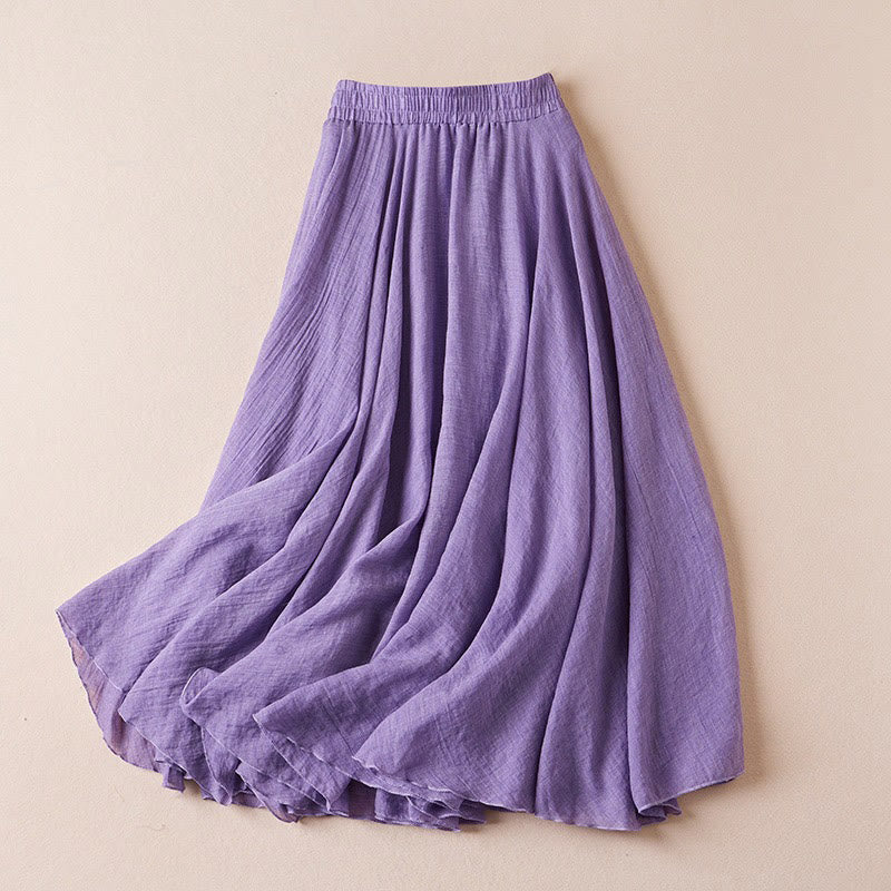 Buddha Stones Vintage Casual Pure Color High Waist Cotton Women's Skirt