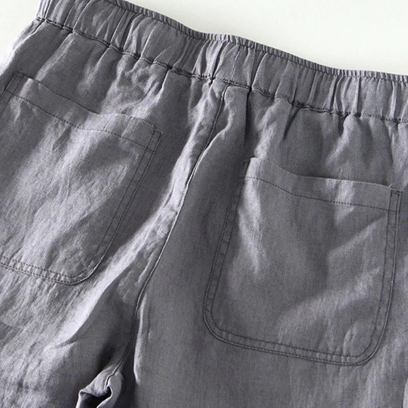 Buddha Stones Fall Solid Drawstring Elastic Waist Men's Linen Ankle-Length Pants With Pockets