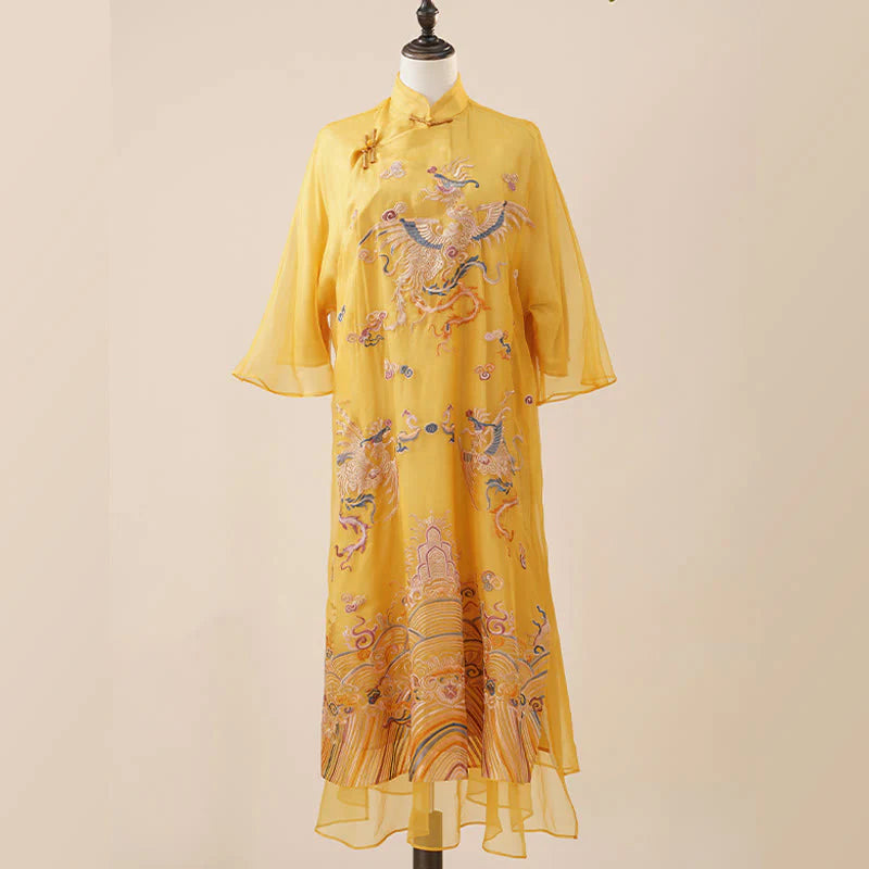 Buddha Stones 100% Mulberry Silk Organza Dress Embroidered Yellow Phoenix Qipao Cheongsam Dress  (Extra 30% Off | USE CODE: FS30)