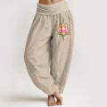 Buddha Stones Pure Cotton Pink Lotus Flower Pattern Women's Elastic Waist Harem Pants
