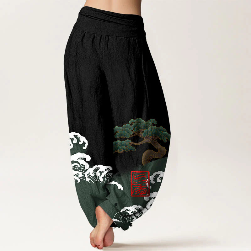 Buddha Stones Print Pure Cotton Pine Tree Rolling Waves Pattern Women's Elastic Waist Harem Pants
