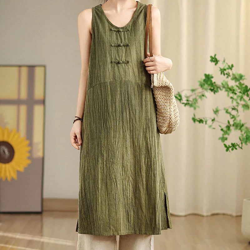 Buddha Stones Tie Dye Chinese Frog-Button RamieÂ Linen Sleeveless Midi Dress With Pockets