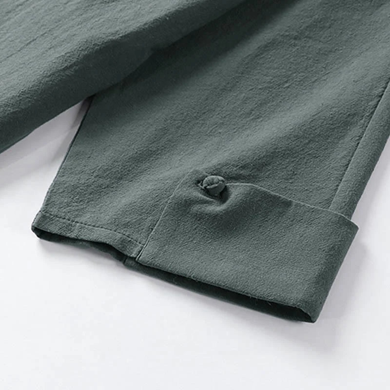 Buddha Stones Plain One Chinese Frog-Button Jacket Cotton Linen Men's Half Sleeve Kimono