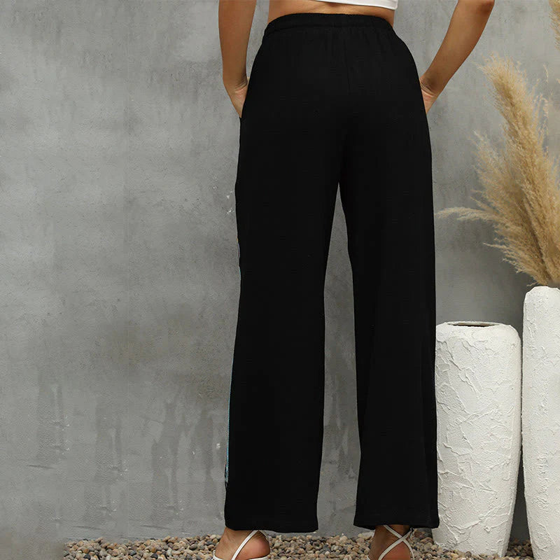 Buddha Stones Black Casual Ethnic Embroidery Cotton Linen Drawstring Women's Pants With Pockets