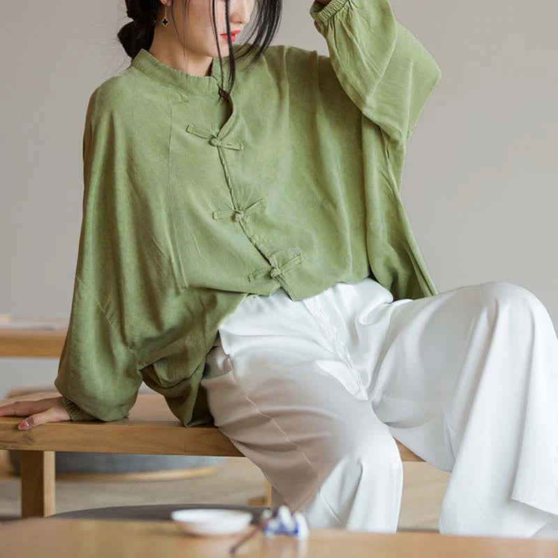Buddha Stones Frog-Button Long Sleeve Shirt Zen Tai Chi Meditation Top Hanfu Clothing Jacket