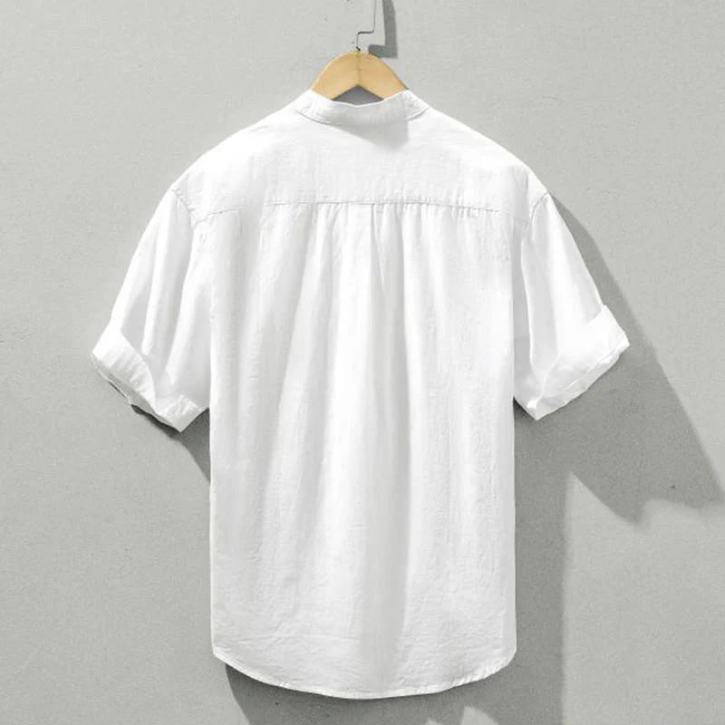 Buddha Stones Summer Solid Men's Half Button Short Sleeve Cotton Shirt