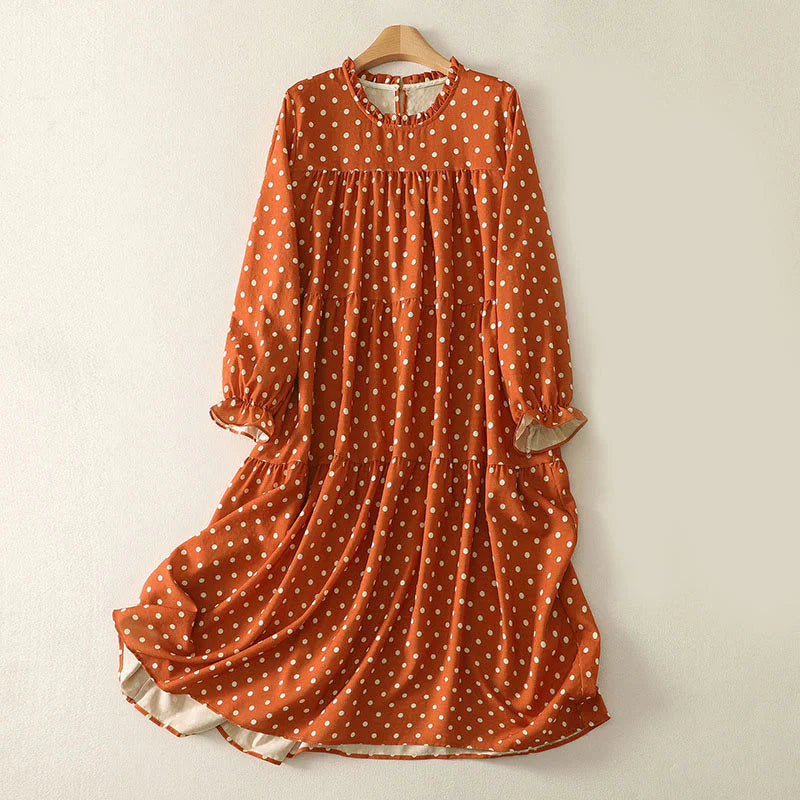 Buddha Stones Fall Polka Dot Design Crew Neck Long Sleeve Cotton Women's Midi Dress