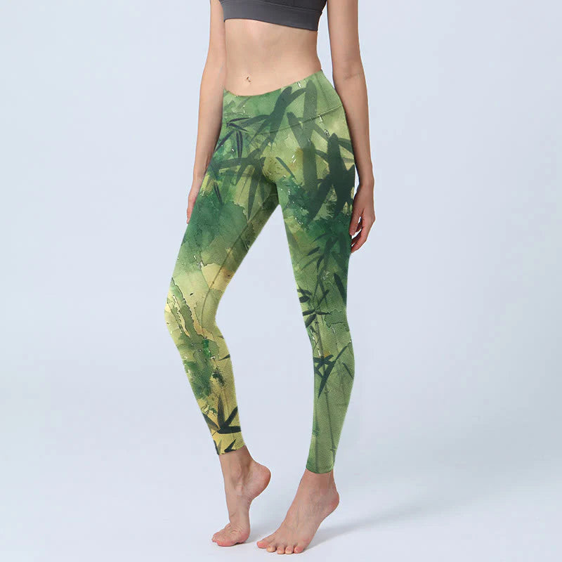 Buddha Stones Ink Blooming Bamboo Pattern Print Gym Leggings Women's Yoga Pants