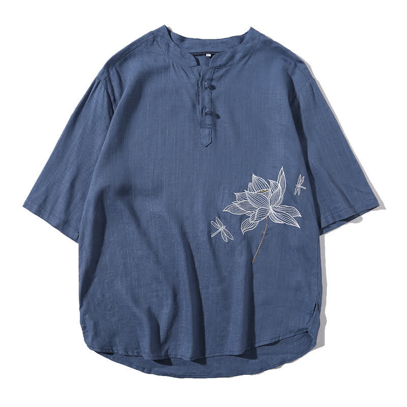 Buddha Stones Summer Embroidered Lotus Dragonfly Pattern Chinese Frog-Button Men's Short Sleeve T-shirt