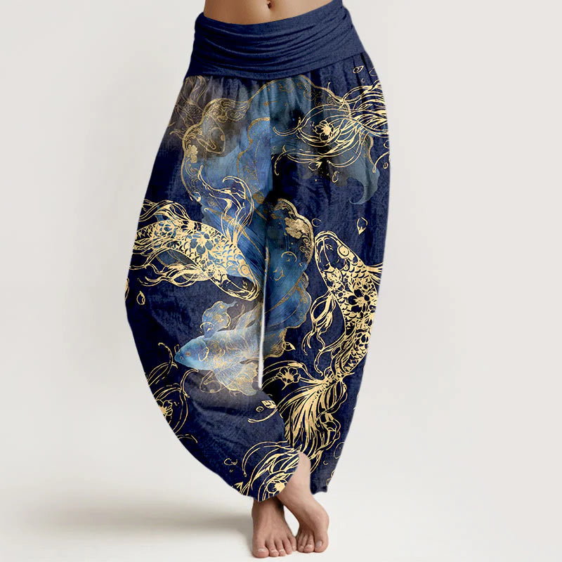 Buddha Stones Pure Cotton Lively Koi Fish Pattern Women's Elastic Waist Harem Pants