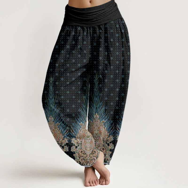 Buddha Stones Cotton Ethnic Peacock Floral Pattern Women's Elastic Waist Harem Pants
