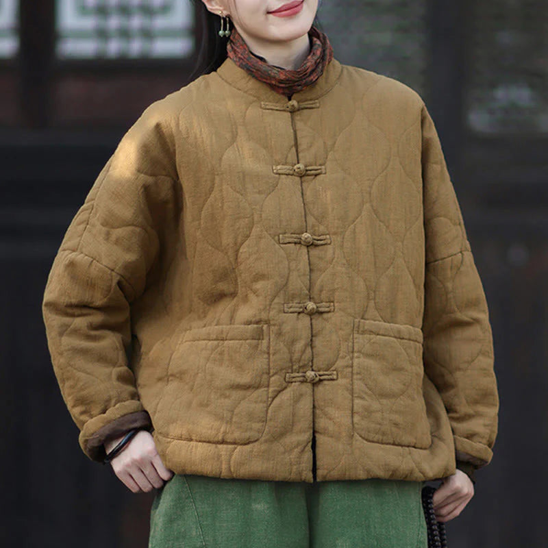 Buddha Stones Winter Curved Lines Frog-Button Ramie Cotton Long Sleeve Women's Thermal Jacket With Pockets