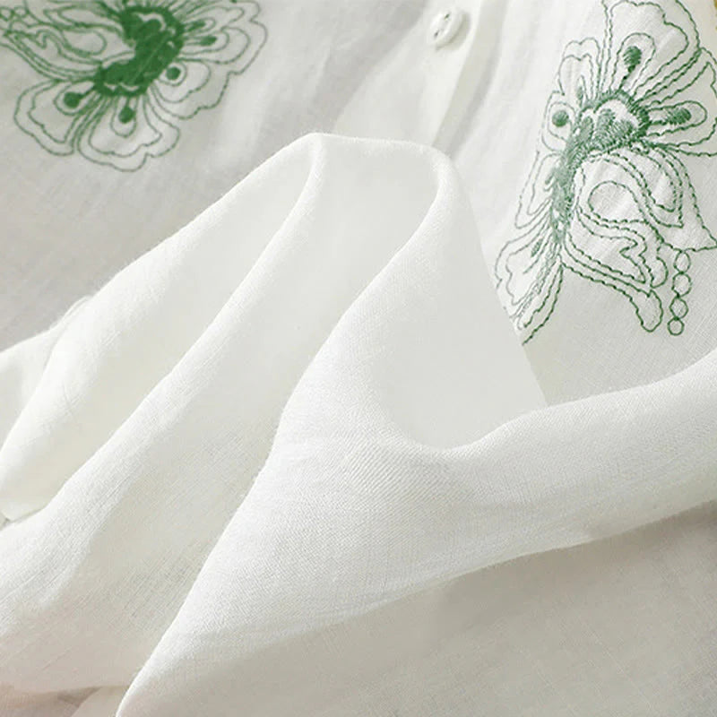 Buddha Stones Embroidery Pleated Design Stand Collar Three Quarter Sleeve Side Slit Hem Women's Cotton Shirt