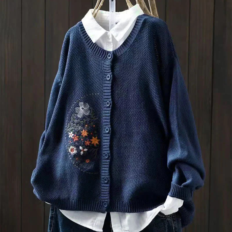 Buddha Stones Floral Embroidery Buttons Cotton Women's Long Sleeve Knitted Cardigan Sweater