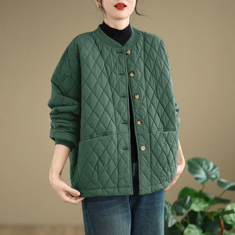 Buddha Stones Diamond Grid Pattern Women's Long Sleeve Cotton Thickened Jacket With Pockets