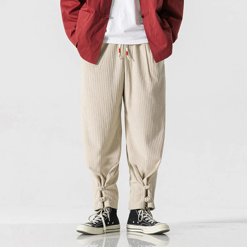 Buddha Stones Fall Winter Men's Pure Color Button Design Cotton Straight Leg Pants With Pockets