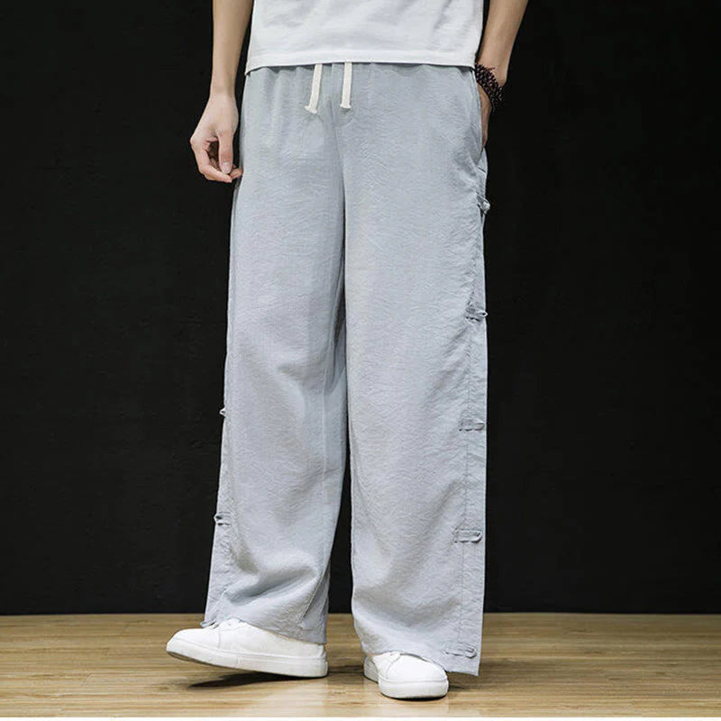 Buddha Stones Casual Patchwork Crane Pattern Frog-Button Design Men's Wide Leg Pants With Pockets