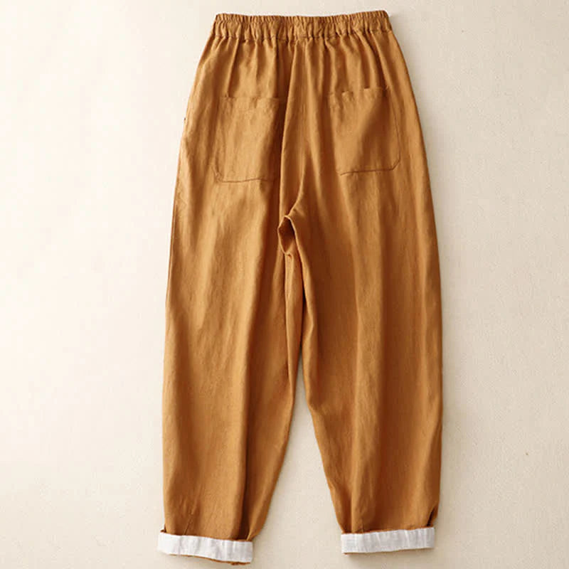 Buddha Stones Summer Plain Elastic Waist Two-tone Cuffs Cropped Women's Tapered Pants With Pockets