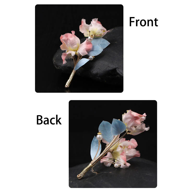 Buddha Stones Handcrafted Silk Art Pink Iris Flower Protection Brooch
