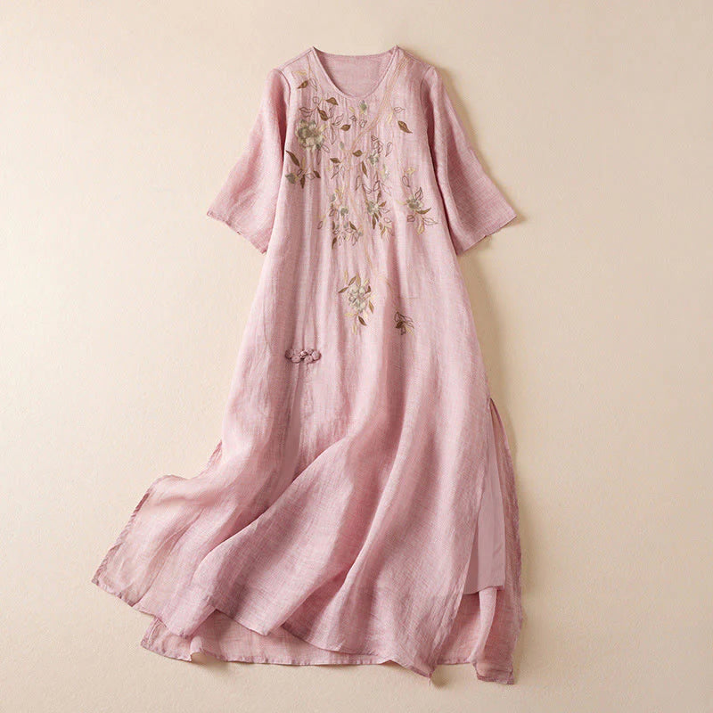 Buddha Stones Embroidered Leaf Crew Neck Half Sleeve Fiber Midi Dress