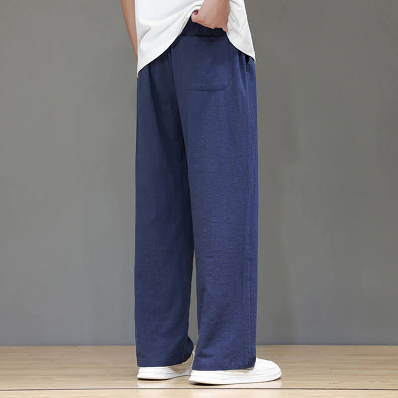 Buddha Stones Summer Men's Cotton Linen Straight Leg Pants With Pockets