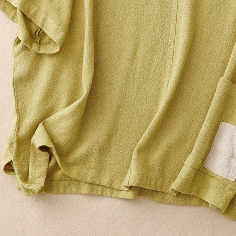 Buddha Stones Colorblock Side Slit  Frog-Button Cotton Linen Half Sleeve Women's Shirt With Pockets