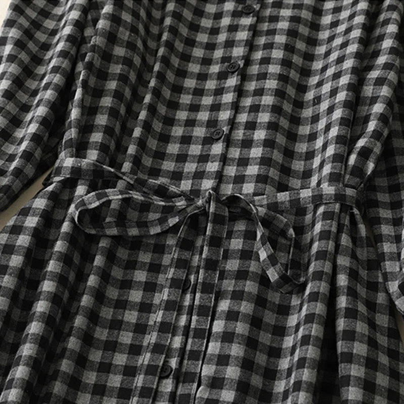 Buddha Stones Black Lace-Up Design Plaid Lapel Long Sleeve Cotton Linen Midi Dress With Pockets