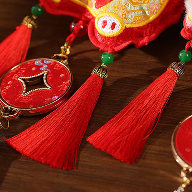 Buddha Stones Embroidery Year Of The Horse Fu Character Copper Coin Shape Red String Hanging Decoration
